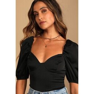Lulus Sweet Personality Black Puff Sleeve Bodysuit - Size XS